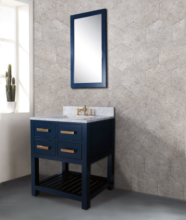 30 Inch Monarch Blue Single Sink Bathroom Vanity With F2-0013 Satin Brass Faucet And Mirror From The Madalyn Collection Vanity Water Creation